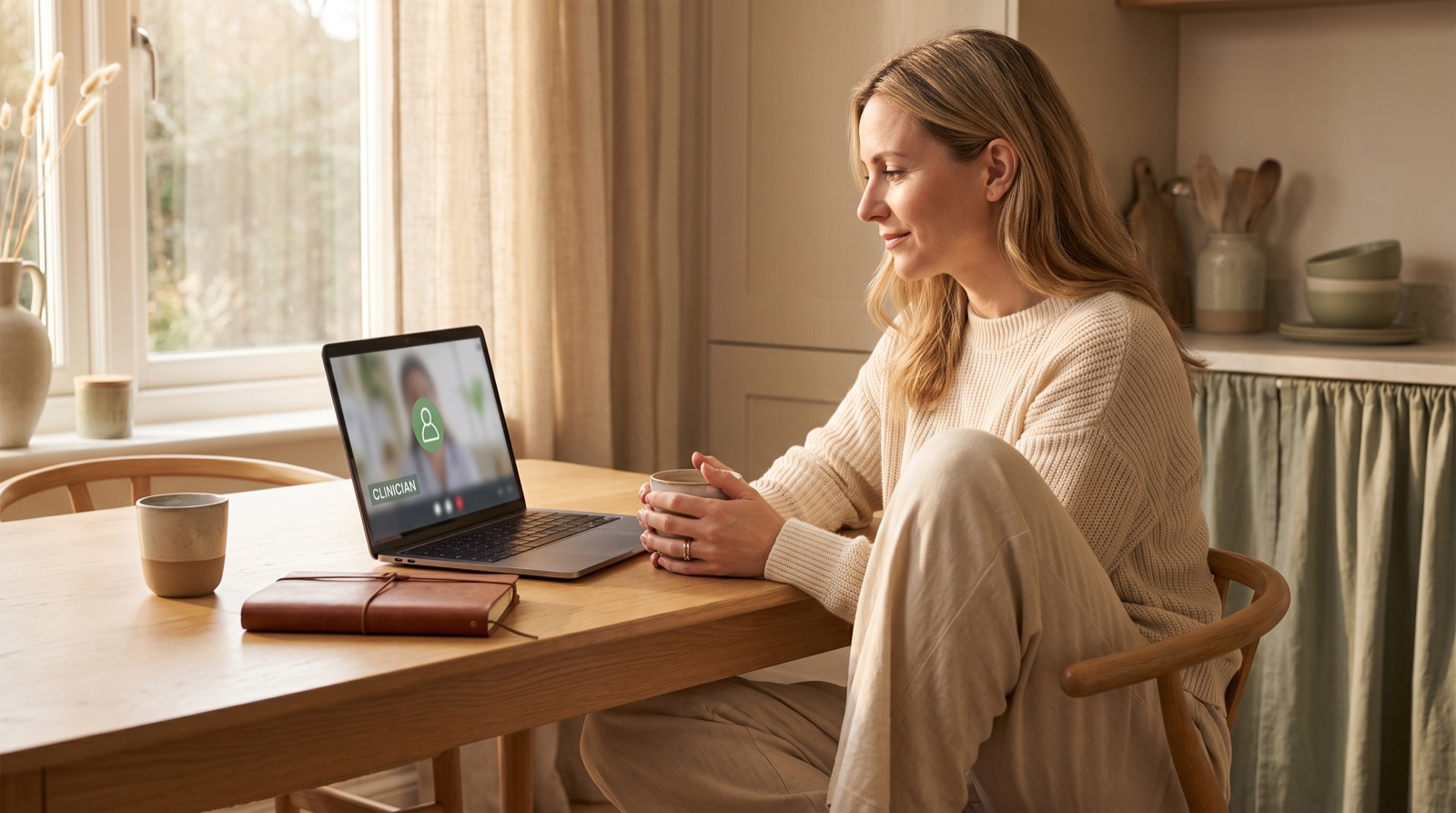 A patient on a video check-in with her clinician at her kitchen table