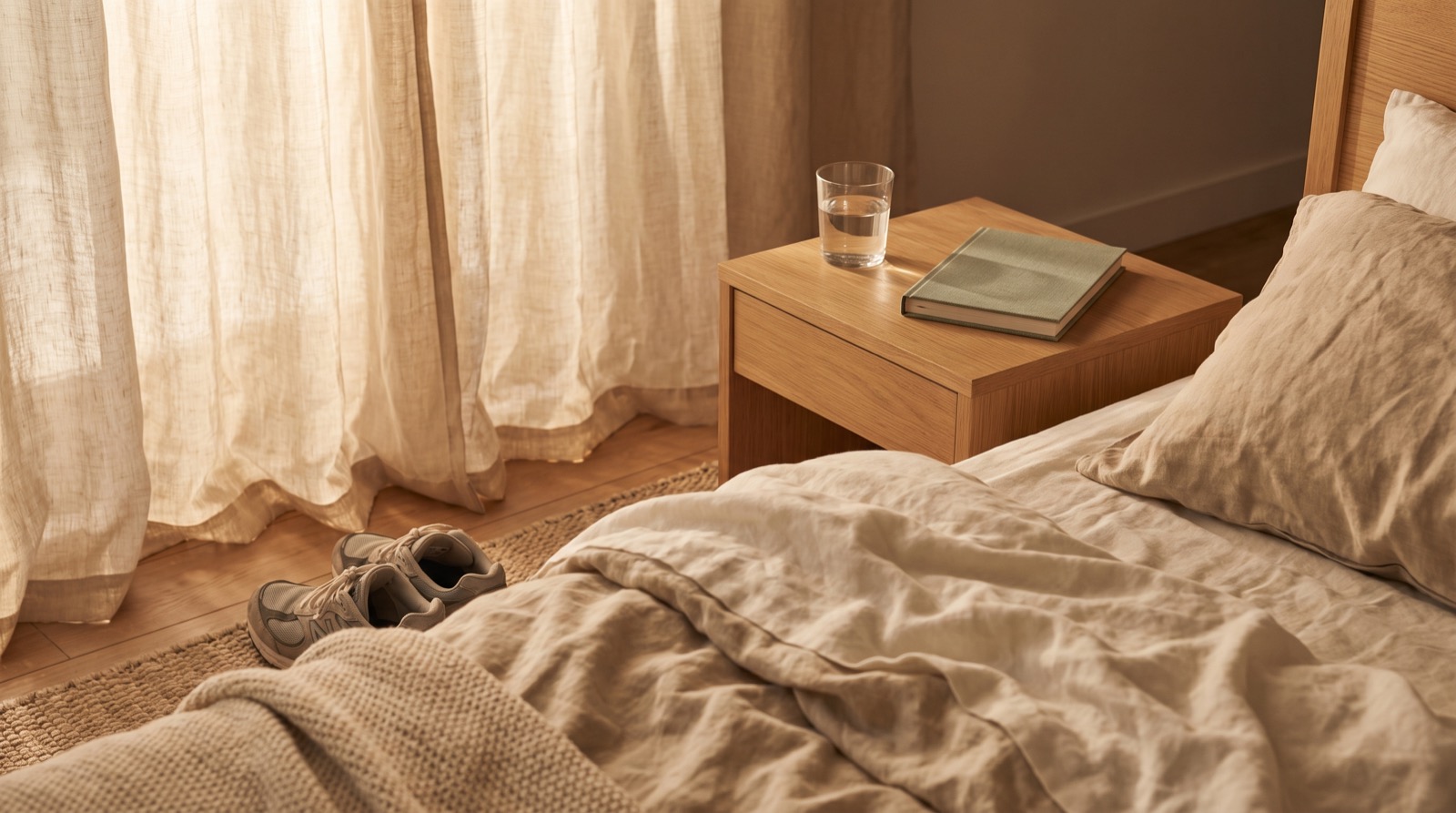 A quiet bedroom at first light, suggesting rest and recovery